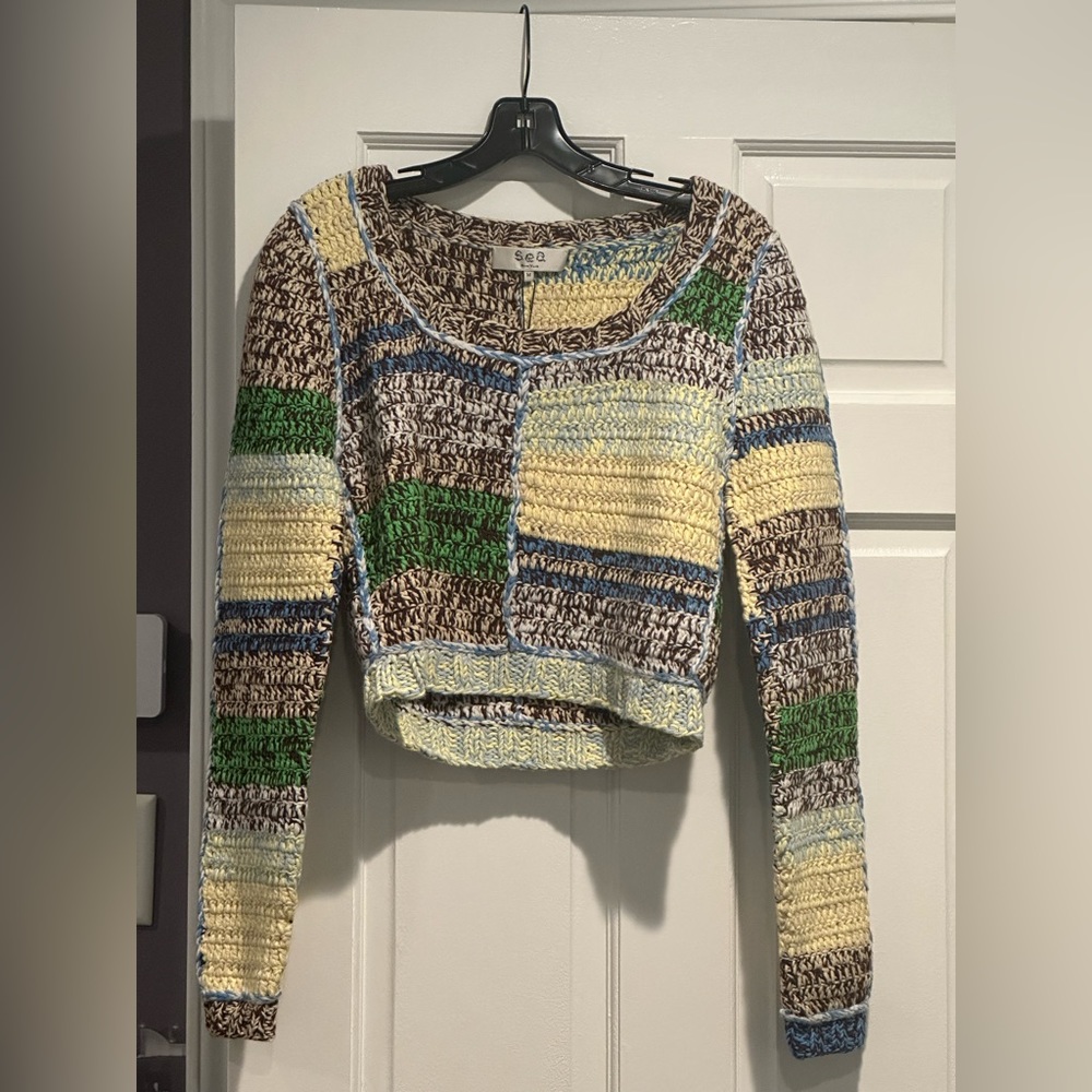 Paige Marled Crochet Long Sleeve Square Neck Sweater